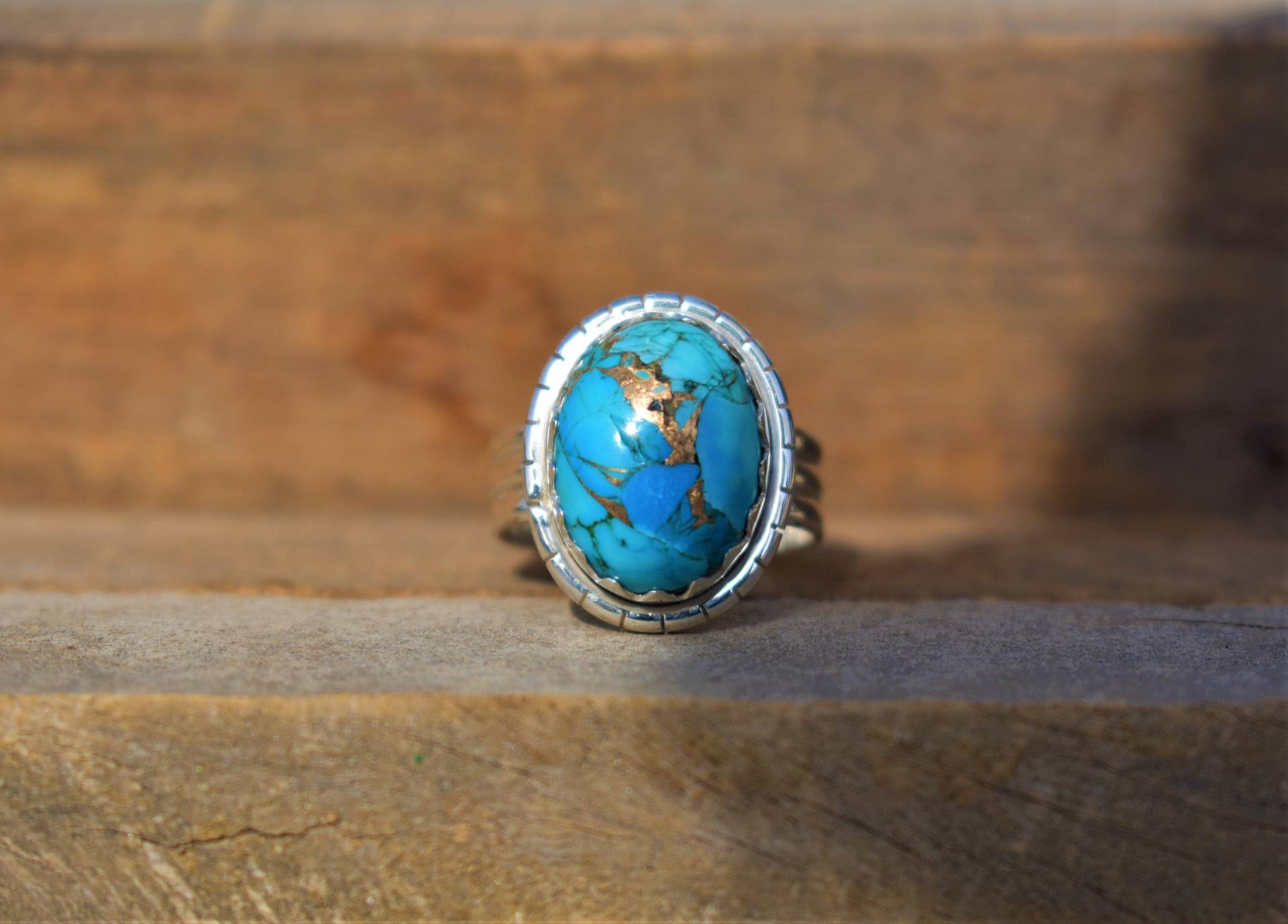 sterling Silber Blauer Kupfer Türkis Ring - Oval Edelstein, Dreifach Band von BalajiJewels