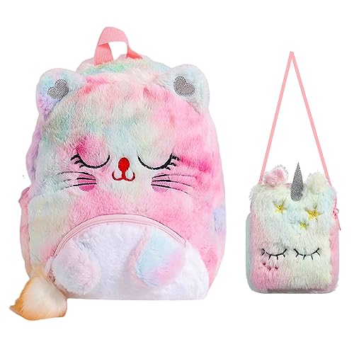 Balakaka 2Pcs Unicorn Cat Backpack Purse Set Plüsch Rucksack Mini Umhängetasche Niedlich Geldbörse Schultasche,Kawaii Kindergartentasche Geburtstag Freund Kindergartenrucksack für 3-8 Jährige von Balakaka