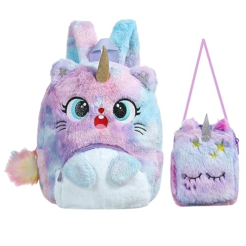 Balakaka 2Pcs Unicorn Cat Backpack Purse Set Plüsch Rucksack für 3-8 Jährige Mädchen Mini Umhängetasche Niedlich Geldbörse Schultasche,Kawaii Kindergartentasche Geburtstag Freund Kindergartenrucksack von Balakaka