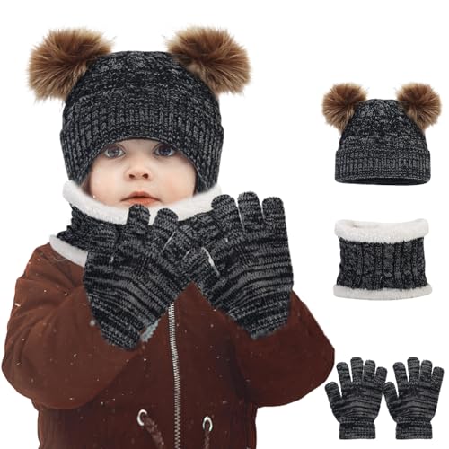 Balakaka 3 in 1 Kinder Wintermütze Schal Handschuhe Mädchen Set,3 Stück Kindermütze Strickmütze Kinder Mütze Schal Set für Kinder 2-8 Jahre,Warme Winter Beanie Hut Handschuhe runder Schal Set,Schwarz von Balakaka