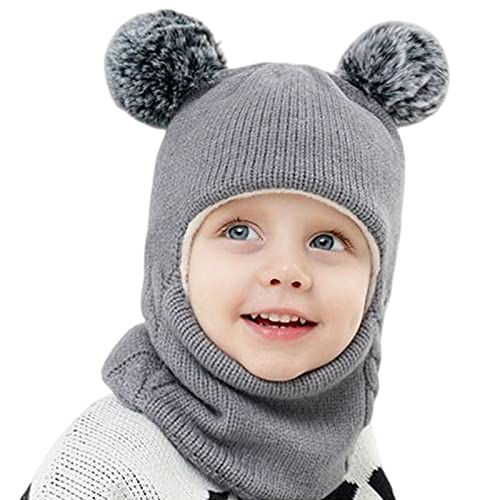 Balakaka 3-in-1-Schal Mütze Maske Winter Strickmütze Kindermütz, Doppel Pompon Kind Kinder Beanie Mütze, Warm Knitted Beanie Hat for 2-7 Jahre alte Jungen und Mädchen,grau von Balakaka