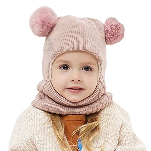Balakaka 3-in-1-Schal Mütze Maske Winter Strickmütze Kindermütz, Doppel Pompon Kind Kinder Beanie Mütze, Warm Knitted Beanie Hat for 2-7 Jahre alte Jungen und Mädchen,rosa von Balakaka