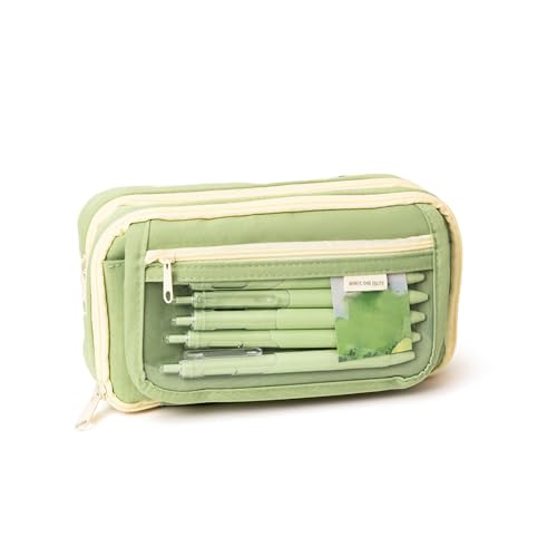 Balakaka Federmäppchen Groß Kapazität mit 3 Fächer, Federtasche Mädchen für ca. 100 Stifte, Schlamppermäppchen Pencil Case für Schule Büro Geschenk für Kinder Erwachsener, Bohnengrün von Balakaka