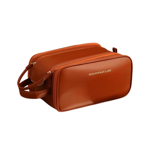 Balakaka Kosmetiktasche Damen 28 * 16 * 14.5 cm, Große Make-up-Tasche mit Bürstenfach Kulturtasche, Wasserdicht PU Leder Tragbare Makeup Bag mit Griff, Karamellbraun von Balakaka
