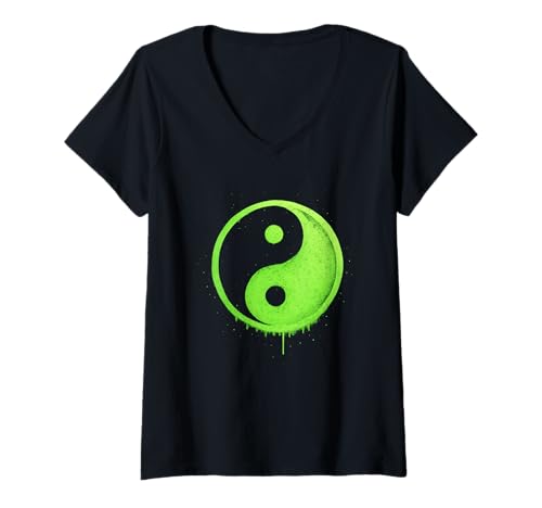 Damen Yin Yang Graffiti-Symbol Kunstwerk T-Shirt mit V-Ausschnitt von Balance Street