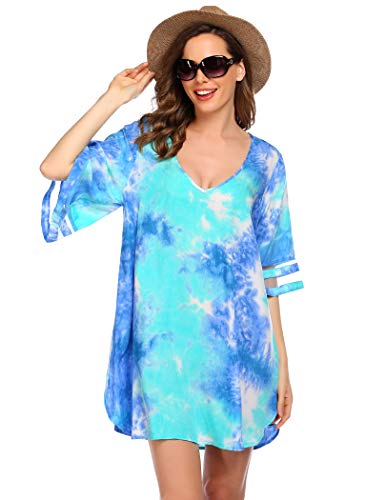 Balancora Damen Bikini Cover Up Strandkleid Strandponcho Sommer Bademode Strand Bikini Badeanzug Cover-Ups, Blau Tie Dye L von Balancora