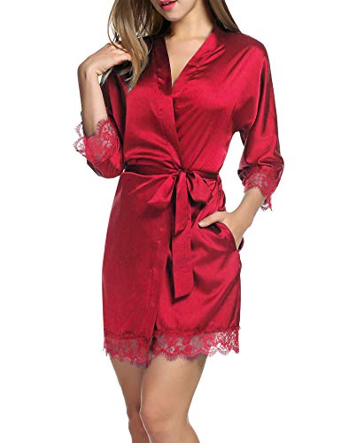 Balancora Damen Morgenmantel Bademantel Satin Sexy Kimono mit Taschen Kurz Robe mit Gürtel Nachthemd für Braut Nachtwäsche Mit Blumenspitze M Rot von Balancora