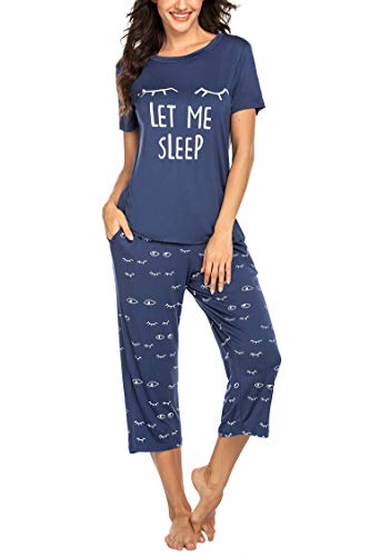 Balancora Damen Schlafanzug Set mit 7/8 Hose Lang Sommer Pyjama Capri Sleepshirt XXL Blau von Balancora