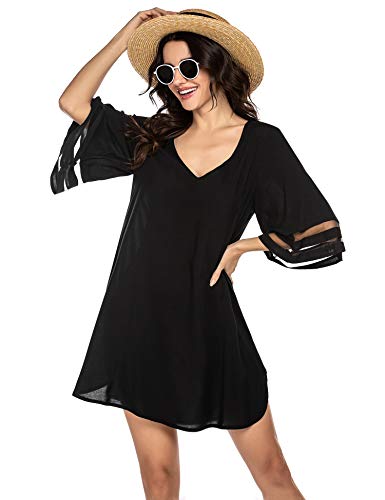 Balancora Damen Strandkleid Große Größen Bikini Cover Up Strandponcho Sommer Bademode Strand Vertuschen Shirt, M, Schwarz von Balancora