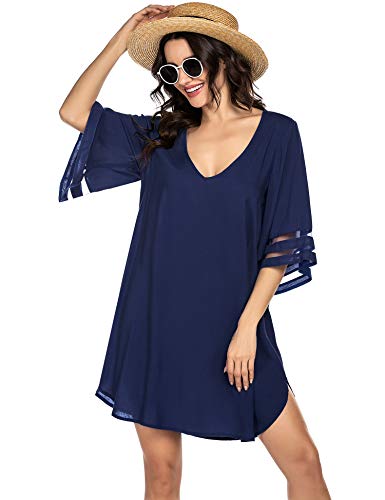 Balancora Damen Strandkleid Bikini Cover Up Strandponcho Sommer Bademode Strand Vertuschen Shirt Badeanzug Cover-Ups, Dunkelblau L von Balancora