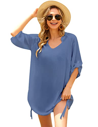 Balancora Damen Strandkleid Sommerkleid Sexy Minikleid Kurz 3/4 Ärmel Casual Strandkleid Freizeitkleid Bikini Shirt Strandponcho CLB_M von Balancora