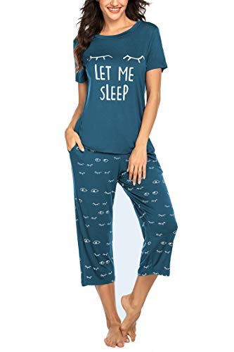 Balancora Damen Schlafanzug Capri Sommer Kurzes Pyjama mit 3/4 Hose lang Sleepshirt S Pfauenblau von Balancora