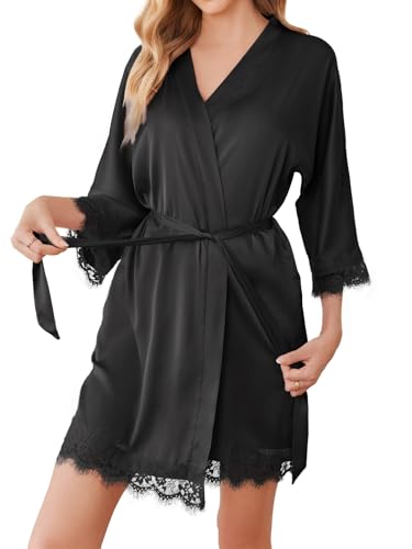 Balancora Satin Bademantel Kimono Damen V-Ausschnitt Morgenmantel Damen Kurz Seidenmantel Nachtmantel Knielang Schwarz, XS von Balancora