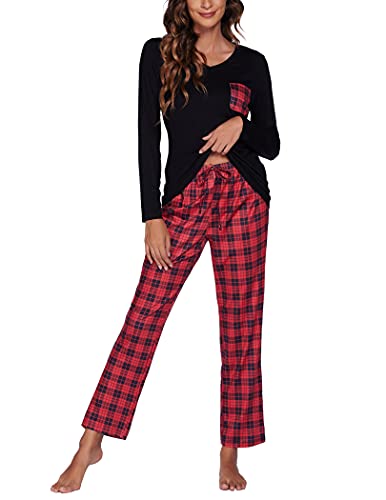 Balancora Winter Damen Pyjama Set Schlafanzug Lang Kariert Hausanzug Plaidmuster muster12 L von Balancora