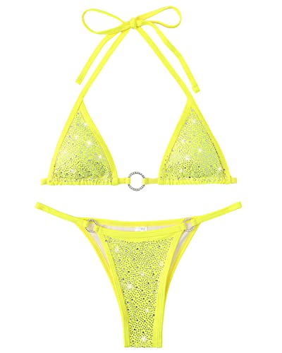 Balasami Damen Sparkly Strass Halfter Dreieck O Ring Top String Thong High Cut Bottom 2 Stück Bikini Badeanzug Set, Gelber Strass, 4-6 von Balasami