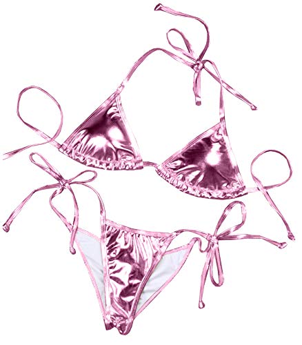 Balasami Women's Liquid Metallic Rainbow Bikini Sets Shiny String Padded Triangle 2 Pieces Swimsuit (Pink, XL) von Balasami