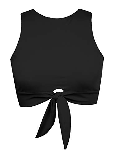 Damen Ausschnitt Krawatte Knoten vorne Scoop High Neck Tank Crop Top Bikini Badeanzug Nur Top, Schwarz, XL von Balasami