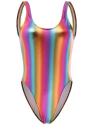 Damen Retro 80er/90er Jahre Metallic Glänzend Gymnastik Rückenfrei Hoher Beinausschnitt Tanzkleidung Bodysuit Einteiler Bademode Badeanzüge, Regenbogen, S von Balasami
