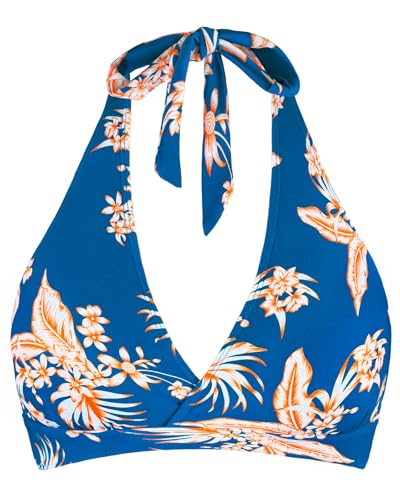 Stützender Neckholder-Bikini für Damen, gepolstert, Push-Up-Bikini, gerüschte Brust, Haken hinten, Badeanzug, nur Oberteil, Blau-orangefarbene Blume, Large von Balasami