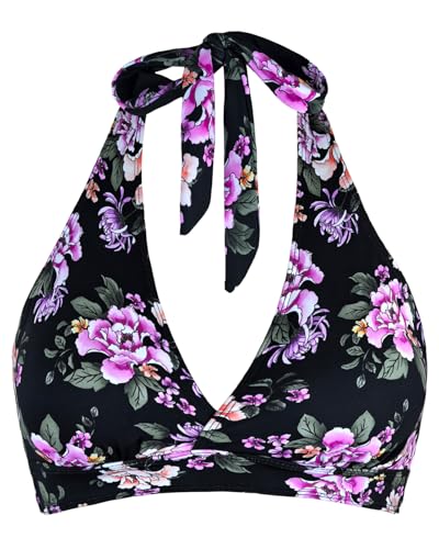 Stützender Neckholder-Bikini für Damen, gepolstert, Push-Up-Bikini, gerüschte Brust, Haken hinten, Badeanzug, nur Oberteil, Große Blume, Schwarz, Large Stützender Neckholder-Bikini für Damen, gepolstert, Push-Up-Bikini, gerüschte Brust, Haken hinten, Badeanzug, nur Oberteil, Große Blume, Schwarz, Large von Balasami
