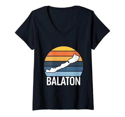 Damen Balaton See – Retro Sonnenuntergang T-Shirt mit V-Ausschnitt von Balaton Kollektion