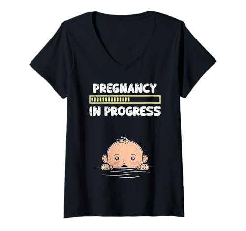 Damen Baby Kommt Pregnancy IN Progress Lustiges Werdende Mutter T-Shirt mit V-Ausschnitt von Bald Mama Shirt Werdende Mutter Tag Baby Kommt