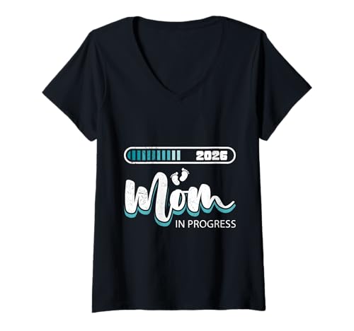 Damen Bald Mama 2026 MOM IN PROGRESS Lustiges Werdende Mutter T-Shirt mit V-Ausschnitt von Bald Mama Shirt Werdende Mutter Tag Baby Kommt
