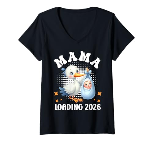 Damen Mama Loading 2026 Zukünftige Mutter Lustig Mütter T-Shirt mit V-Ausschnitt von Bald Mama Shirt Werdende Mutter Tag Baby Kommt