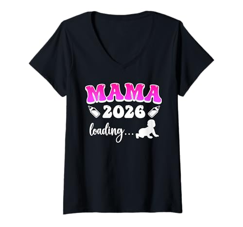 Damen Mama Loading 2026 Zukünftige Mutter Lustig Mütter T-Shirt mit V-Ausschnitt von Bald Mama Shirt Werdende Mutter Tag Baby Kommt