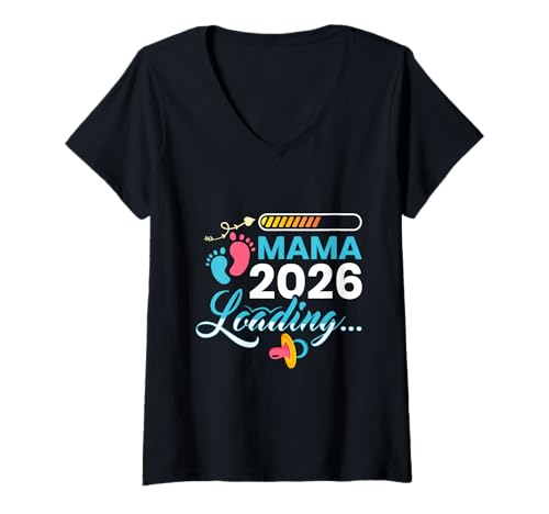 Damen Schwangerschaft Mama Loading 2026 Lustig Zukünftige Mutter T-Shirt mit V-Ausschnitt von Bald Mama Shirt Werdende Mutter Tag Baby Kommt