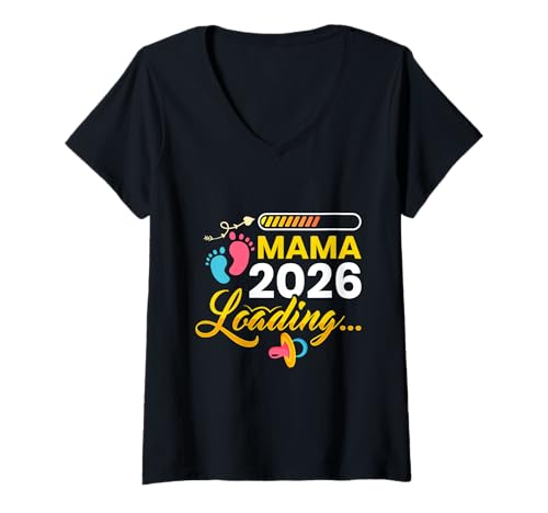 Damen Schwangerschaft Mama Loading 2026 Lustig Zukünftige Mutter T-Shirt mit V-Ausschnitt von Bald Mama Shirt Werdende Mutter Tag Baby Kommt