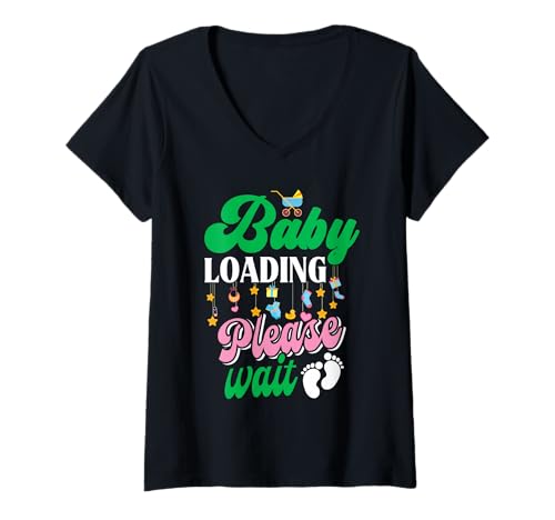 Damen Werdende Mutter Baby Loading Please Wait Zukünftige Mama T-Shirt mit V-Ausschnitt von Bald Mama Shirt Werdende Mutter Tag Baby Kommt