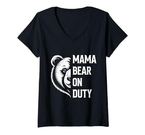 Damen Werdende Mutter Mama BÄR IM Einsatz Lustiges Bald Mama T-Shirt mit V-Ausschnitt von Bald Mama Shirt Werdende Mutter Tag Baby Kommt