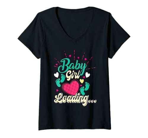Damen Zukünftige Mutter BABY GIRL LOADING Lustiges Schwangerschaft T-Shirt mit V-Ausschnitt von Bald Mama Shirt Werdende Mutter Tag Baby Kommt