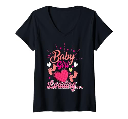 Damen Zukünftige Mutter BABY GIRL LOADING Lustiges Schwangerschaft T-Shirt mit V-Ausschnitt von Bald Mama Shirt Werdende Mutter Tag Baby Kommt