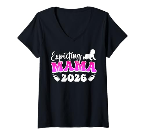 Damen Zukünftige Mutter EXPECTING MOMMY 2026 Lustig MAMA T-Shirt mit V-Ausschnitt von Bald Mama Shirt Werdende Mutter Tag Baby Kommt