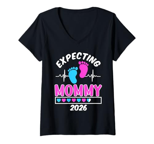 Damen Zukünftige Mutter Expecting Mommy 2026 Lustig Mama T-Shirt mit V-Ausschnitt von Bald Mama Shirt Werdende Mutter Tag Baby Kommt