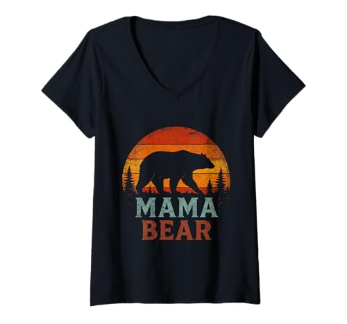 Damen Zukünftige Mutter MAMA BÄR Retro Lustiges Schwangerschaft T-Shirt mit V-Ausschnitt von Bald Mama Shirt Werdende Mutter Tag Baby Kommt