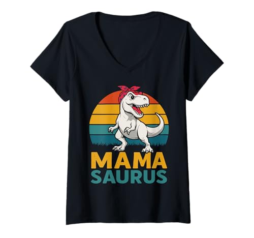Damen Zukünftige Mutter Mama Saurus REX Lustiges Schwangerschaft T-Shirt mit V-Ausschnitt von Bald Mama Shirt Werdende Mutter Tag Baby Kommt