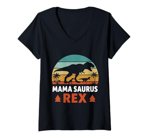 Damen Zukünftige Mutter Mama Saurus REX Lustiges Schwangerschaft T-Shirt mit V-Ausschnitt von Bald Mama Shirt Werdende Mutter Tag Baby Kommt