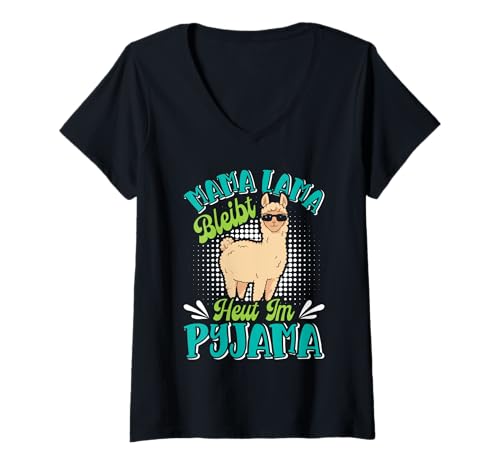 Damen Bald Mutter MAMA LAMA BLEIBT HEUT IM PYJAMA Schwangere T-Shirt mit V-Ausschnitt von Bald Mama Shirt Werdende Mutter Tag Baby Lama