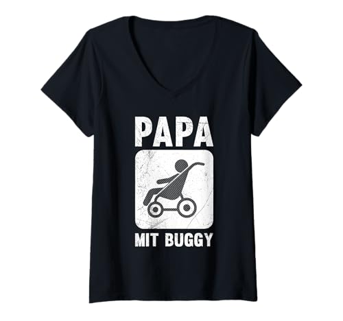 Damen Werdender Vater PAPA MIT BUGGY Lustiges Bald Papa T-Shirt mit V-Ausschnitt von Bald Papa Shirt Werdender Vater sein Vaterschaft