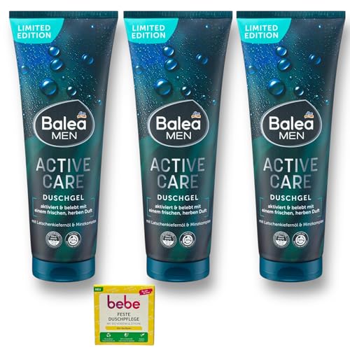 3x Balea MEN Duschgel Active Care, Pflegedusche für Männer + 1x Bebe feste Duschpflege | 3x 250ml von Balea MEN