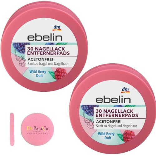 2x ebelin Nagellackentfernerpads Wild Berry, Acetonfreie Formel, Mit Beerenduft,Nail Polish Remover Pads Acetonfrei, Mild und Pflegend, Reisegröße, 2x30 pads von Balea +Bonus:Gesichtsreinigungsschwamm von Balea Professional