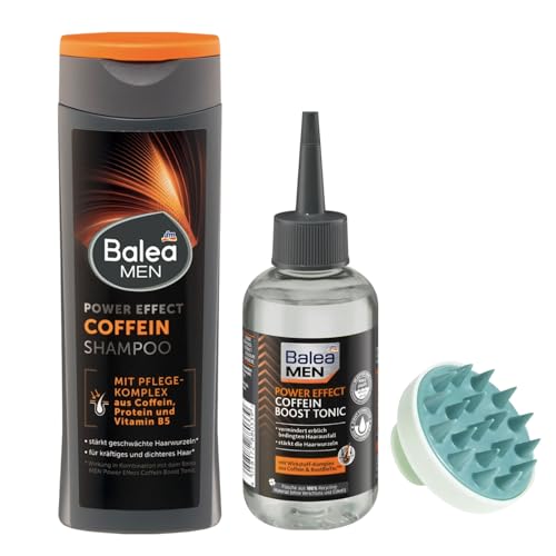 Balea MEN 3-teiliges Haarausfall Set: Shampoo Coffein Power Effect 250ml + Haarwasser Power Effect Coffein Boost Tonic 150ml + Aufbewahrungssäckchen von STUDIO.MUNET von Balea