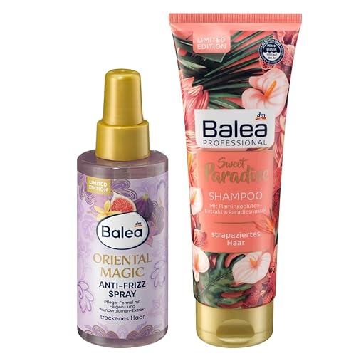 Balea 2er-Set Haarpflege: Anti-Frizz-Spray ORIENTAL MAGIC Extra-Pflege unkompliziertes Styling für trockenes Haar (150 ml) + Shampoo SWEET PARADISE exotische Pflege strapaziertes Haar (250 ml) 400 ml von Balea