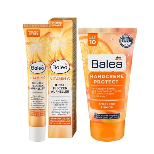 Balea 2er-Set Hautpflege: Gesichtscreme VITAMIN C Niacinamide Dunkle Flecken AUFHELLER (50 ml) + Handcreme PROTECT für trockene Hände mit Lichtschutzfaktor LSF 10 (75 ml), 125 ml von Balea