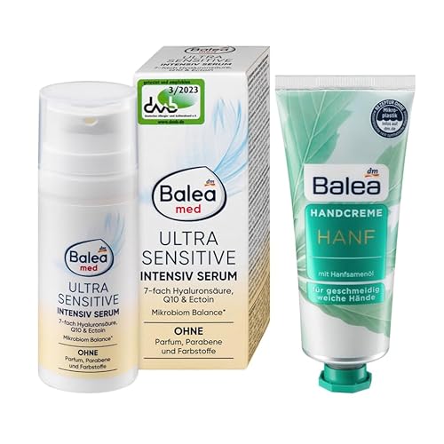 Balea 2er-Set Hautpflege: MED Intensiv Serum ULTRA SENSITIVE für empfindliche Haut mit Hyaluronsäure, Q10, Panthenol, ohne Parfum & Parabene (30 ml) + Handcreme HANF mit Hanfsamenöl (75 ml), 105 ml von Balea