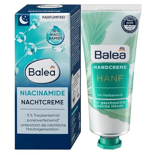 Balea 2er-Set Hautpflege: NACHTCREME NIACINAMIDE unterstützt die nächtliche Hautregeneration & Feuchtigkeitsversorgung mit 5% Traubenkernöl (50 ml) + Handcreme HANF mit Hanfsamenöl (75 ml), 125 ml von Balea