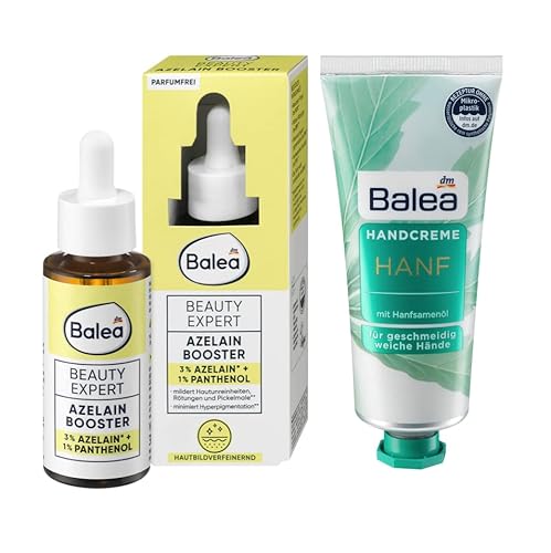 Balea 2er-Set Hautpflege: Serum Beauty Expert AZELAIN BOOSTER mit Panthenol hautbildverfeinernd parfumfrei (30 ml) + Handcreme HANF mit Hanfsamenöl (75 ml), 105 ml von Balea